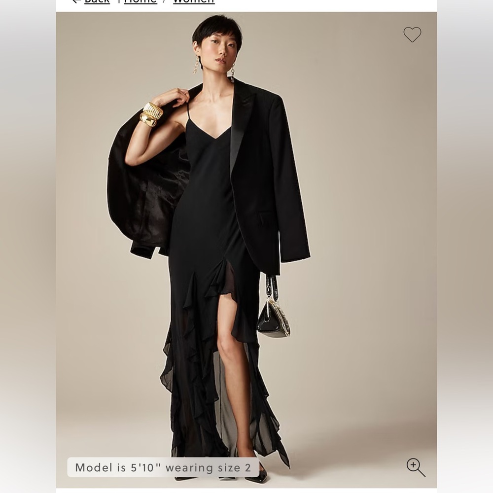 NWT J Crew Elegant Black Evening Ruffle Slip Dress in Chiffon, 8
